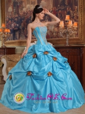 2013 Panzos Guatemala Fall Gold Flower Decorate With Strapless Sky Blue Quinceanera Dress Style QDZY382FOR