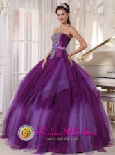 2013 Retalhuleu Guatemala Tulle Quinceanera Dress Beading and Bowknot For Elegant Strapless Purple ruffled Military Ball Style PDZY368FOR