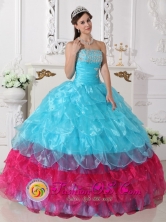 2013 San Juan Sacatepquez Guatemala Appliques Layers Ruffled Aqua Blue and Hot Pink Quinceanera Dresses for Graduation Style QDZY658FOR