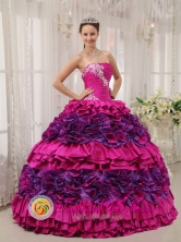 2013 San Lucas Sacatepquez Guatemala Cheap Fuchsia strapless Quinceanera Dress With white Appliques Decorate in Spring Style QDZY448FOR