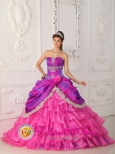2013 Zacapa Guatemala Hot Pink Quinceanera Ruffles Layered Dress With Appliques and Lace Style QDZY352FOR