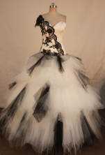 Luxury ball gown one shoulder floor-length net lace with black quinceanera dresses FA-X-162