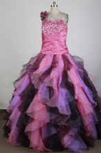 Romantic Ball Gown One Shoulder Neck Floor-length Hot Pink Quinceanera Dress X0426052