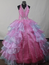 Sweet Ball Gown Halter Top Neck Floor-length Pink Quinceanera Dress LJ2602