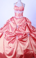 Affordable Ball Gown Halter Top Floor-length Waltermelon Taffeta Appliques Quinceanera dress Style FA-L-012