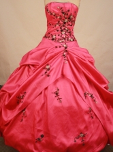 Cheap ball gown trapless floor-length coral red appliques quinceanera dresses FA-X-097