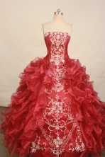 Exquisite ball gown strapless floor-length organza wine red embroidery quinceanera dresses with rolling flowers FA-X-077