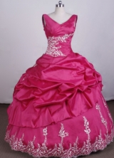 Fashionable Ball Gown V-Neck Floo_length Appliques Tffeta Hot Pink Quinceanera Dresses Style FA-S-009