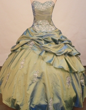 Inexpensive ball gown sweetheart-neck floor-length taffeta appliques with beading olive green quinceanera dresses FA-X-076