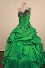 Perfect Ball Gown One Shoulder Neck Floor-Length Spring Green Beading and Appliques Quinceanera Dresses Style FA-S-377