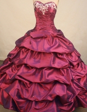 Popular ballgown sweetheart-neck floor-length taffeta appliques wine red quinceanera dresses FA-X-066