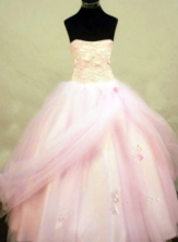 Classical Ball Gown Strapless Floor-length Baby Pink Tulle Appliques Quinceanera dress Style FA-L-235