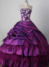 Elegant Ball Gown Strapless Floor-length Purple Taffeta Appliques Quinceanera dress Style FA-L-212