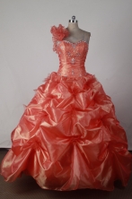 Lovely Ball Gown One Shoulder Floor-length Orange Red Quincenera Dresses TD260013