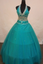 Affordable Ball Gown Halter Top Floor-length Teal Beading Quinceanera dress Style FA-L-244
