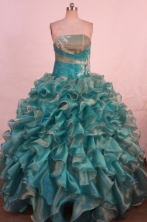 Gorgeous Ball Gown Strapless Floor-length Teal  Organza Appliques Quinceanera dress Style FA-L-335