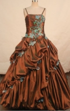 Modest ball gown straps floor-length taffeta appliques brown quinceanera dresses FA-X1824