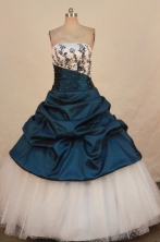 Perfect Ball Gown Strapless Floor-length Teal Taffeta Appliques Quinceanera dress Style FA-L-323