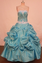 Popular Ball Gown Strapless Teal Taffeta Floor-length Appliques Quinceanera dress Style FA-L-246