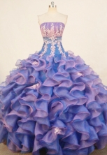 Popular ball gown strapless floor-length organza appliques purple quinceanera dresses FA-X-176