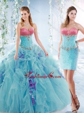 Latest Ruffled and Beaded Detachable Quinceanera Gowns in Aquamarine  SJQDDT543002AFOR