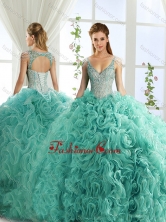 Sexy Deep V Neck Mint Detachable Quinceanera Dresses with Beading and Appliques SJQDDT554002AFOR