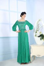Super Chiffon 3 4 Length Sleeve Floor Length Evening Dress and Beading and Appliques and Ruching
