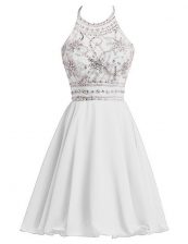 Sophisticated White A-line Chiffon Halter Top Sleeveless Beading Knee Length Zipper Prom Gown