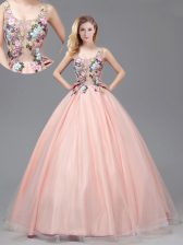 Wonderful See Through Straps Sleeveless Criss Cross Quinceanera Dresses Baby Pink Tulle
