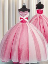  Floor Length Coral Red 15 Quinceanera Dress Organza Sleeveless Beading and Sequins and Ruching