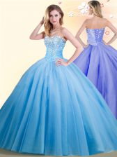  Floor Length Lace Up Sweet 16 Dresses Baby Blue for Military Ball and Sweet 16 and Quinceanera with Beading