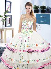 Discount Scoop Floor Length Lace Up Quinceanera Gowns White for Military Ball and Sweet 16 and Quinceanera with Beading and Embroidery and Ruffled Layers