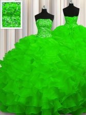  Lace Up Strapless Beading and Ruffles 15 Quinceanera Dress Organza Sleeveless Sweep Train