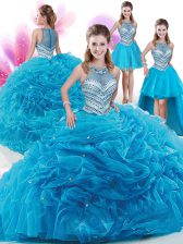  Four Piece Sleeveless With Train Ruffles and Pick Ups Zipper Quinceanera Gowns with Aqua Blue Court Train