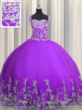 Elegant Eggplant Purple Tulle Lace Up Straps Sleeveless Floor Length Ball Gown Prom Dress Beading and Appliques
