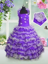  Straps Sleeveless Organza Kids Pageant Dress Beading and Appliques and Ruffled Layers Lace Up