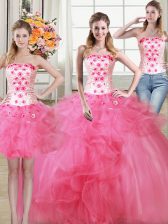  Three Piece Hot Pink Ball Gowns Tulle Strapless Sleeveless Beading and Appliques and Ruffles Floor Length Lace Up 15th Birthday Dress