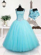  Sequins Floor Length Ball Gowns Sleeveless Light Blue Pageant Gowns For Girls Lace Up