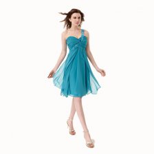  One Shoulder Knee Length Side Zipper Prom Gown Teal for Prom with Beading and Ruffles