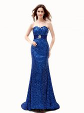  Mermaid Sleeveless Brush Train Lace Up With Train Beading and Belt Prom Party Dress
