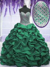 Enchanting Dark Green Ball Gowns Sweetheart Sleeveless Taffeta Floor Length Lace Up Beading and Sequins and Pick Ups Quince Ball Gowns