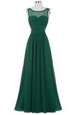 Decent Scoop Dark Green Zipper Evening Dress Beading and Ruching Sleeveless Floor Length