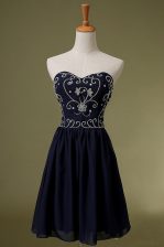  Sleeveless Chiffon Knee Length Zipper Evening Dress in Navy Blue with Embroidery