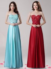  Aqua Blue Elastic Woven Satin Zipper Prom Dresses Sleeveless Floor Length Beading and Appliques and Bowknot