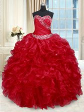 Graceful Sleeveless Floor Length Beading and Ruffles Lace Up Quince Ball Gowns with Red