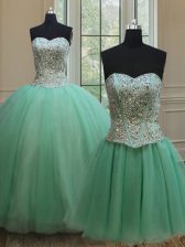  Three Piece Apple Green Ball Gowns Sweetheart Sleeveless Tulle Floor Length Lace Up Beading Quinceanera Gown