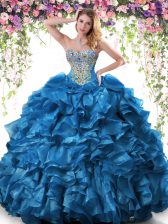  Blue Ball Gowns Sweetheart Sleeveless Organza Floor Length Lace Up Beading and Ruffles Ball Gown Prom Dress