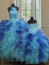 Fantastic Blue Sleeveless Floor Length Beading and Ruffles Lace Up Sweet 16 Dresses