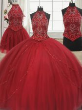  Three Piece Red Ball Gowns Tulle Halter Top Sleeveless Beading With Train Lace Up Sweet 16 Dress Court Train