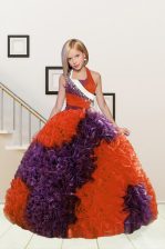 Custom Designed Purple and Orange Red Fabric With Rolling Flowers Lace Up Halter Top Sleeveless Floor Length Little Girl Pageant Dress Beading and Ruffles